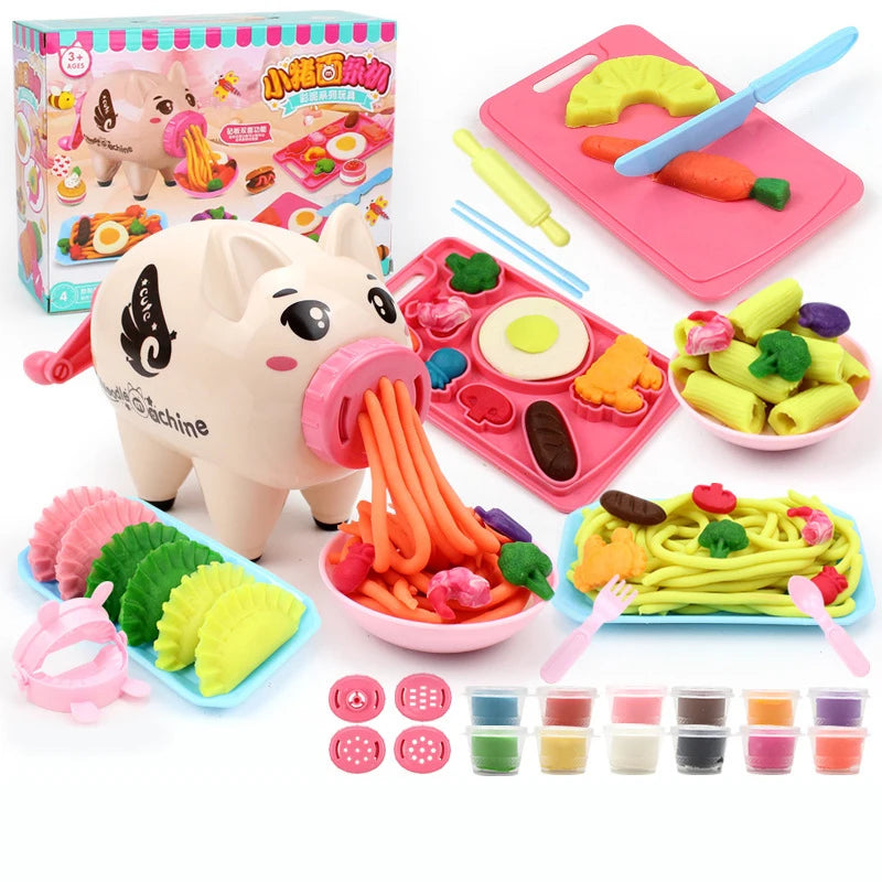 New Cartoon Cute Pig Noodle Maker Clay Making Mold Children's Plasticine Tool Set Educational Toys with 12 Colors of Clay